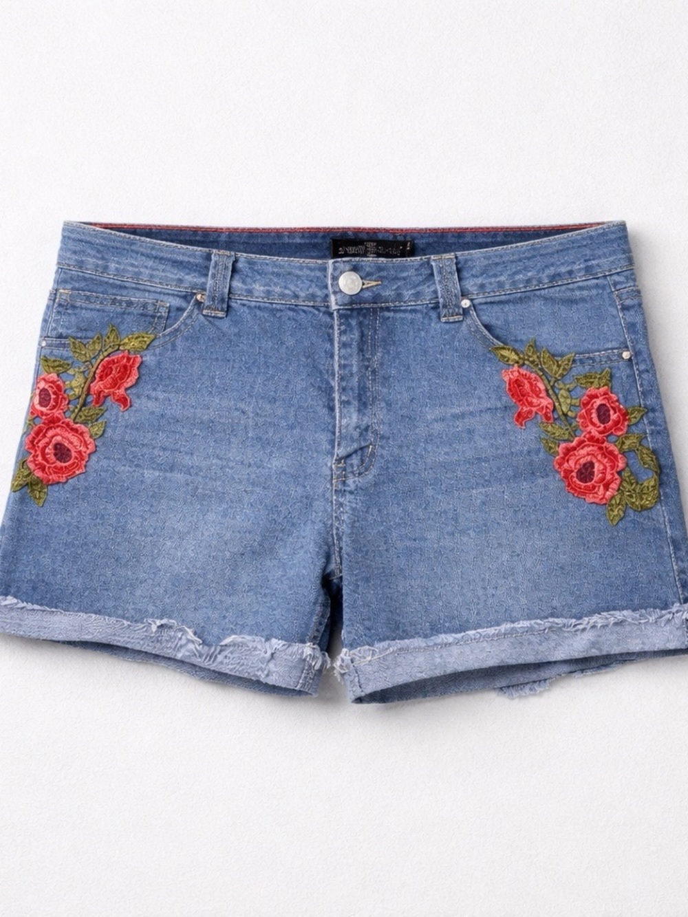 one 5 one Blue Denim Shorts with Red Rose Embroidery
